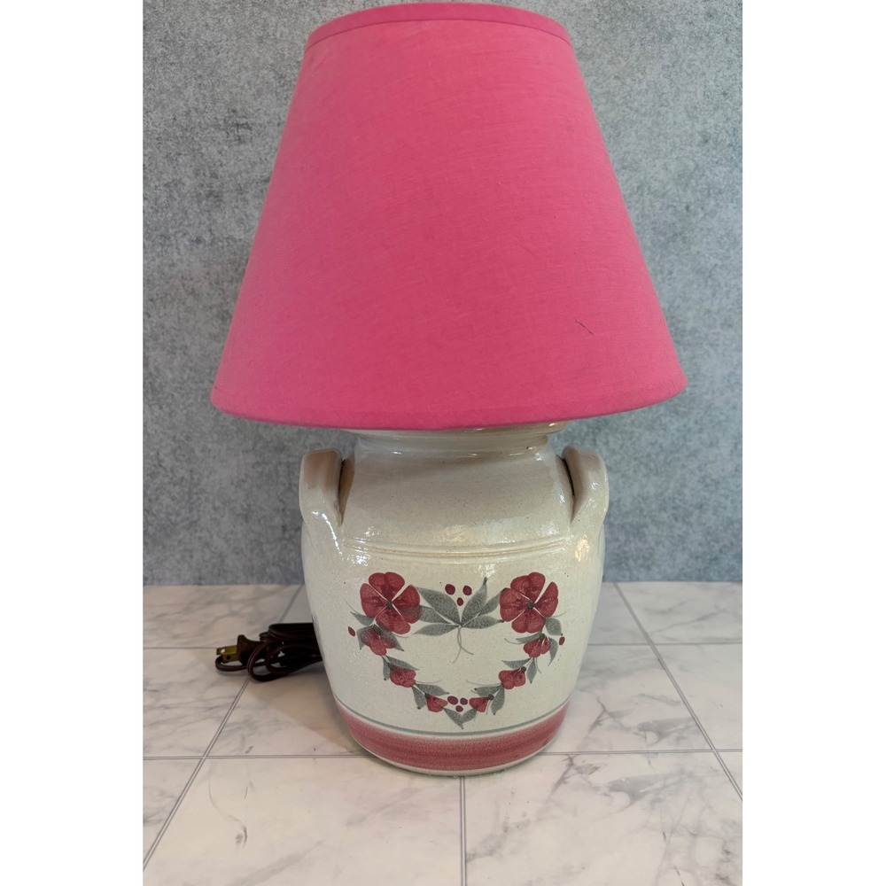 Vintage Stoneware Pottery Table Lamp Pink Cream Ceramic Jug Cottagecore Rustic